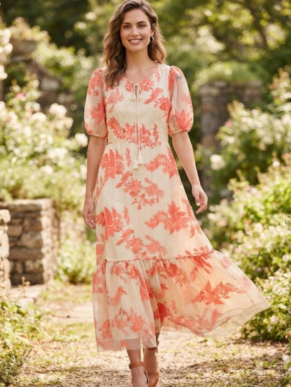 Cream Maxi Dress with Coral Floral Print and Puff Sleeves